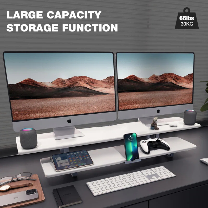 Hokku Designs Dual Monitor Stand, Computer Monitor Riser For 2 Monitors, 2 Tiers Wood Monitor Stand Desk Shelf With Storage Organizer And Cable Management For Office Desk Accessories