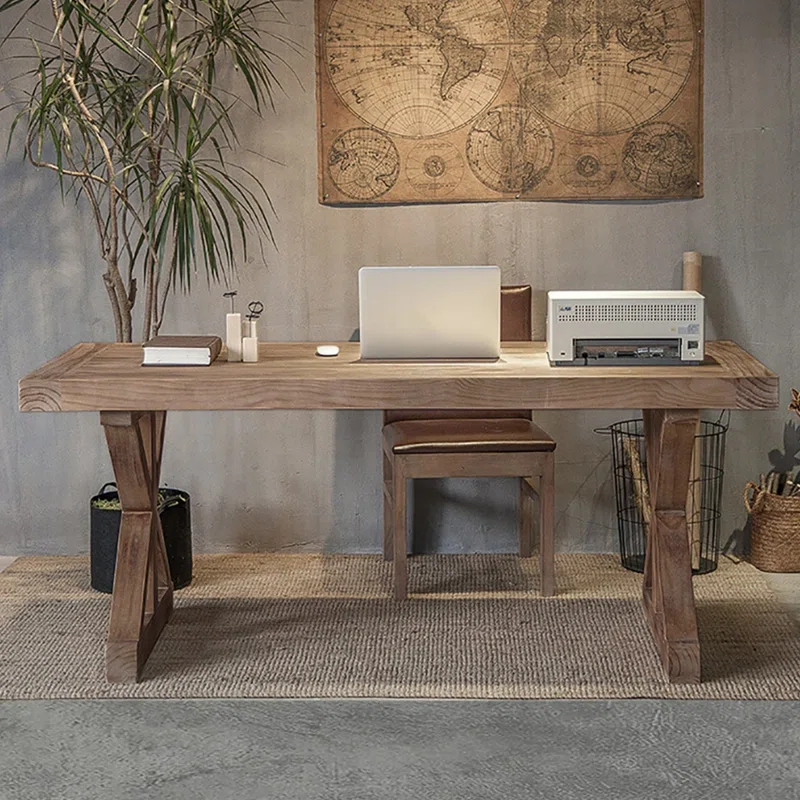 Rustic Farmhouse Computer Desk In Natural With Trestle Base Wooden Office Desk