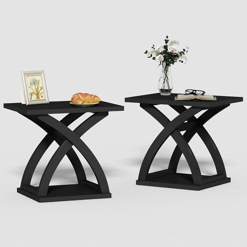 End Side Table Set Of 2, Modern End Table With Storage Shelf, X-Design Side Table Living Room