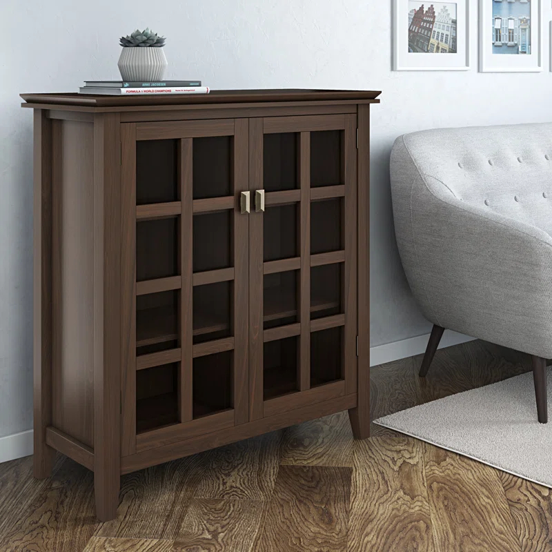 Simpli Home Artisan 38"W Solid Wood 4-Shelf Medium Storage Cabinet with Glass Doors and Adjustable Shelves