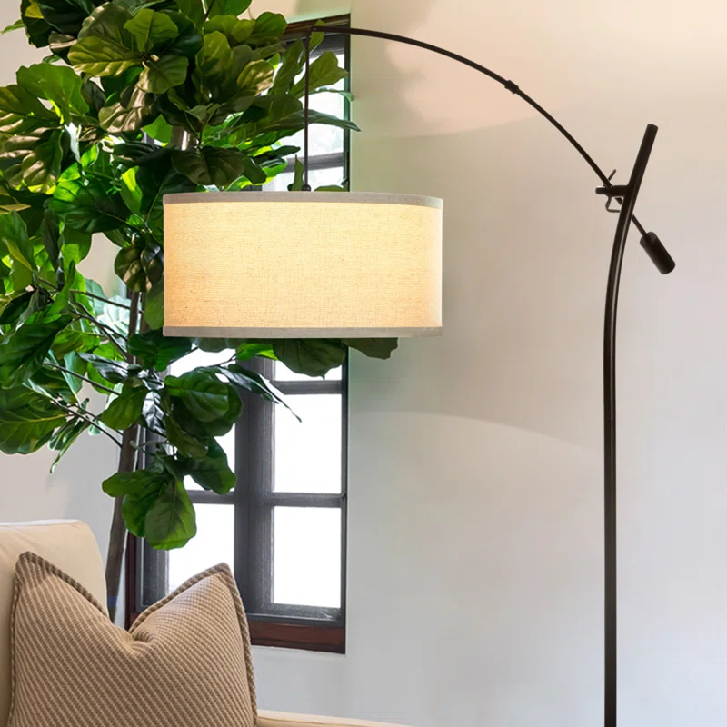 Brightech Grayson 84 in. Mid-Century Modern Height-Adjustable LED Arched Floor Lamp with Beige Fabric Drum Shade