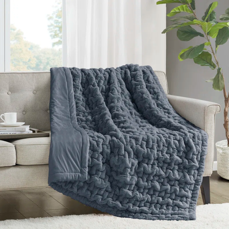 Madison Park Slate Blue Ruched Fur Throw 50x60"