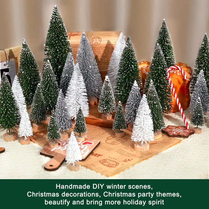 30Pcs Mini Christmas Trees Artificial Christmas Tree Bottle Brush Trees With Wooden Base For Christmas Decor Christmas Party Home Table Craft Decorations