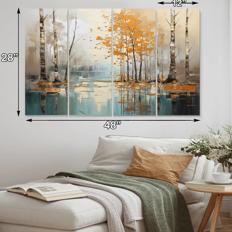 Birch Woods Golden Reflections I - Tree Birch Metal Wall Art Set