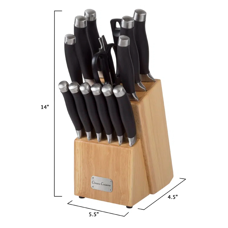 Classic Cuisine Professional 15-Piece Knife Set with Block - Stainless-Steel Cutlery with Chef, Bread, Santoku, Filet, Paring, and Steak Knives