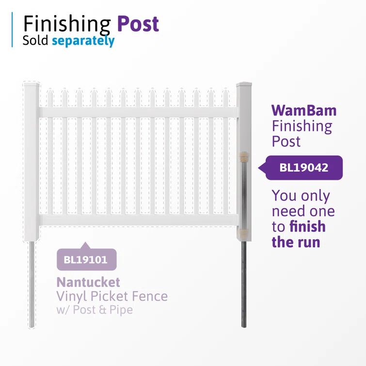 WamBam No-Dig Fence 4ft H x 6ft W (1 Panel + 1 Post) No Dig WamBam Nantucket Fence Kit, White Vinyl Picket Fence Panel, Easy DIY Installation Fence Panel Kit, Durable Outdoor Fence for Yard or Garden, BL19101