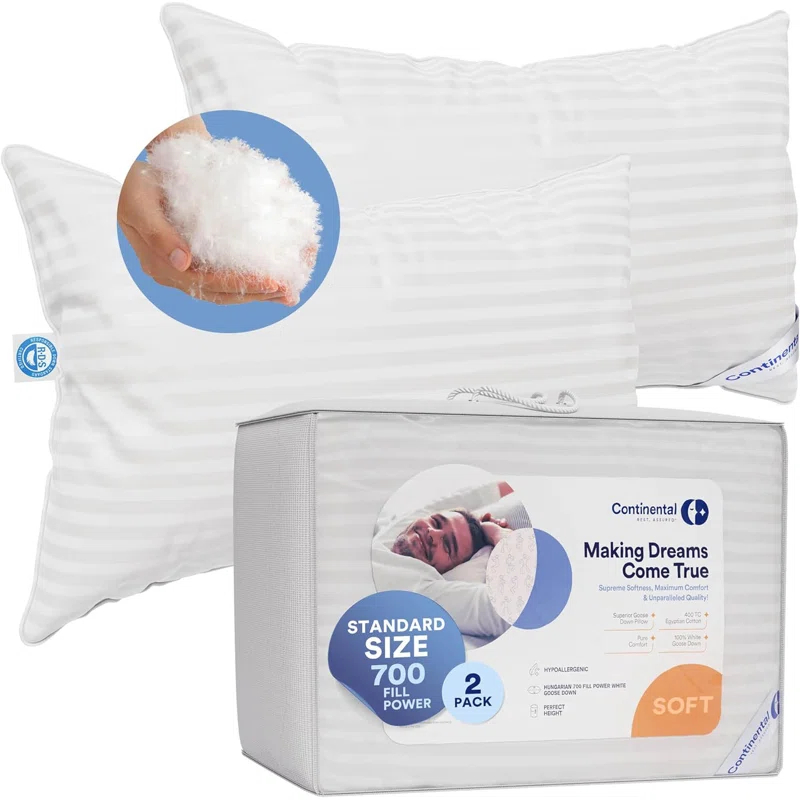 ContinentalBedding Continental Bedding Luxury 700 Fill Power Down Bed Pillows 2 Pack (Set of 2)