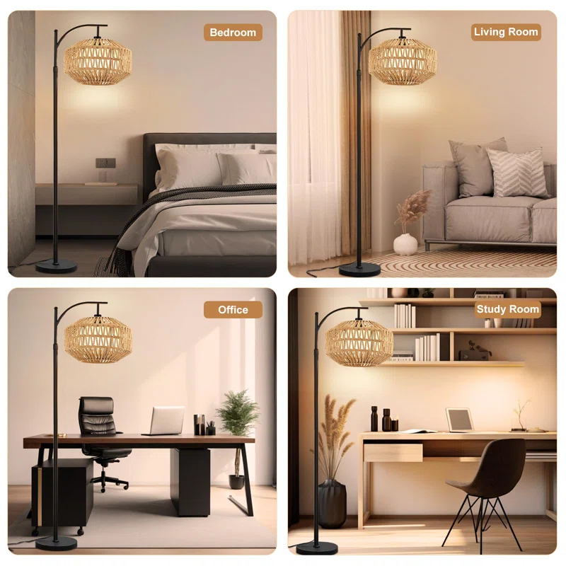 Bay Isle Home™ Boho 72'' Rattan Floor Lamp With 3 Color Temps, 360° Rotatable Modern Farmhouse Design For Bedroom/Living Room/Office