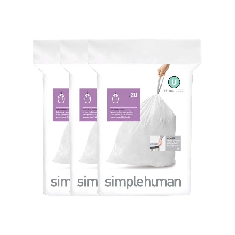 Simplehuman Code U Custom Fit Drawstring Trash Bags, 55 Liter / 14.5 Gallon, White, 60 Liners (Set of 60)