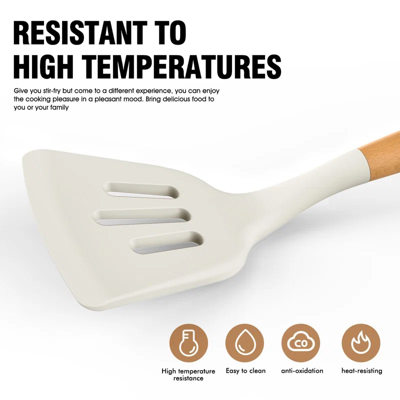 FAST APPLIANCES LLC Silicone Cooking Utensils Set - Silicone Kitchen Utensils For Cooking Wooden Handles, 446°F Heat Resistant Kitchen Utensil Spatula Sets W Holder, Gadgets For Non-Stick Cookware BPA FREE (Cream White)