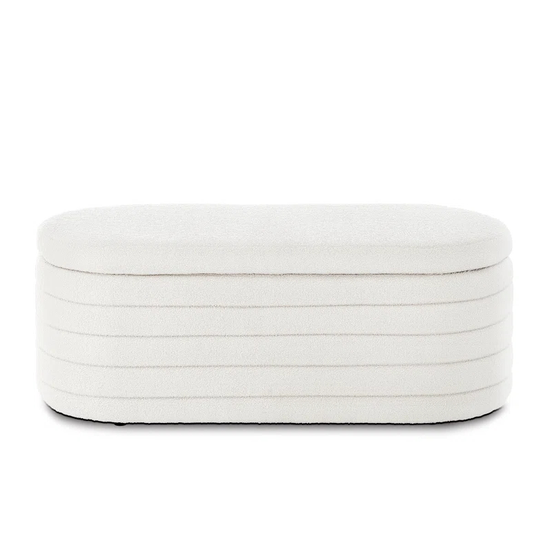 Modern Oval Storage Ottoman Bench, Upholstered Boucle Teddy Fabric End Of Bed Bench With Storage, End Of Bed Stool With Safety Hinge For Bedroom, Living Room, Entryway