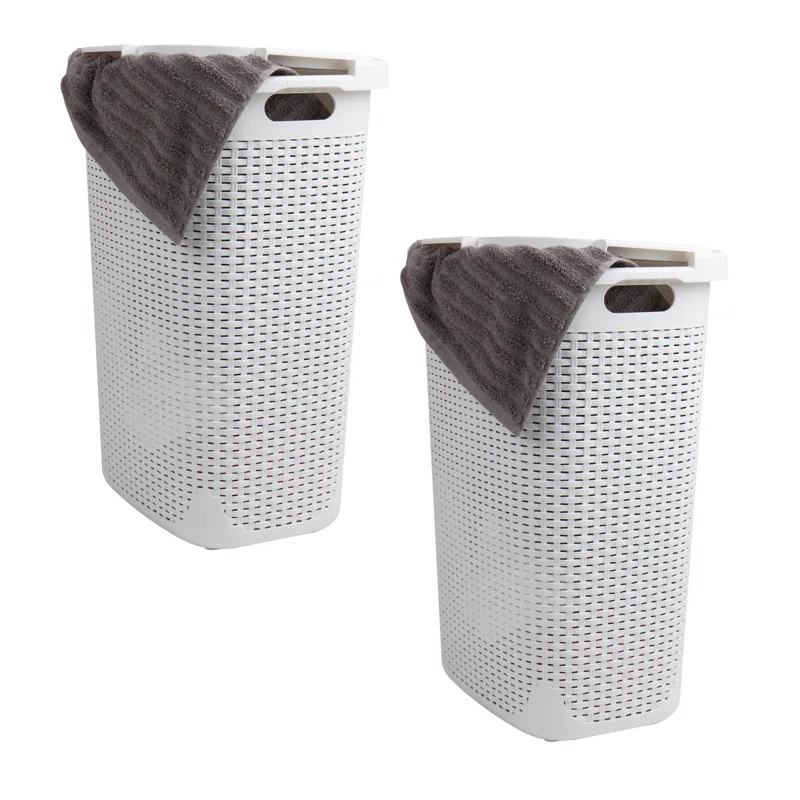 Mind Reader Mind Reader 60L Slim Laundry Hamper, Clothes Basket, Lid, Wicker Style, Plastic, 17.65"L x 13.75"W x 24.15"H, 2-Pack