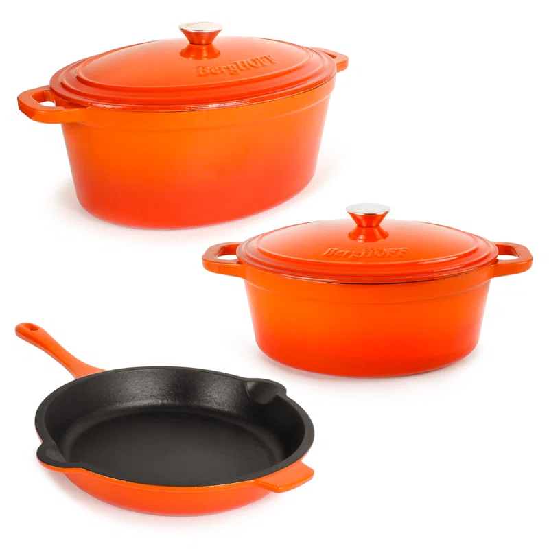 BergHOFF BergHOFF Neo 5Pc Cast Iron Set: 5Qt and 8Qt Covered Dutch Ovens and 10" Fry Pan