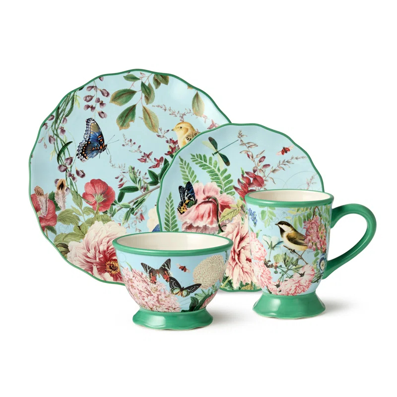 Certified International Flora 16-Piece Dinnerware Set, Service for 4 – Includes Dinner Plates, Dessert Plates, Pedestal Mugs, and Pedestal Ice Cream Bowls with Vibrant Nature-Inspired Floral Designs