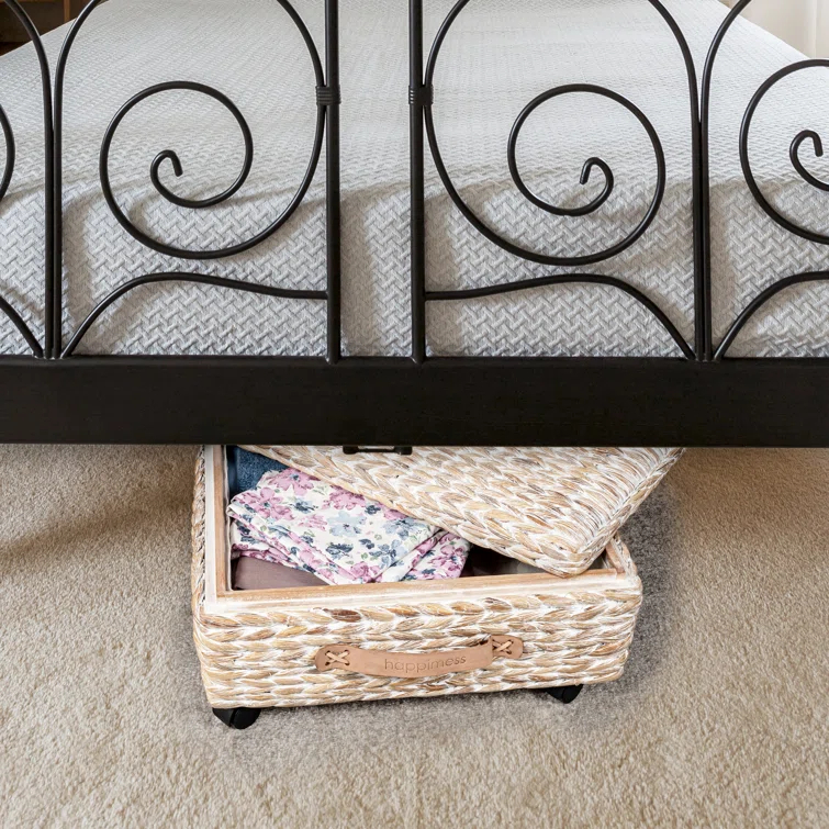 happimess Chett 26.38" Minimalist Hand-Woven Hyacinth/Wood Underbed Storage Bin with Wheels and Handles