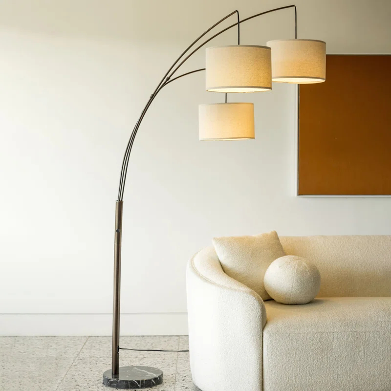 Brightech Trilage 84 in. Mid-Century Modern 3-Light Adjustable LED Arched Standing Floor Lamp with 3 Fabric Drum Shades