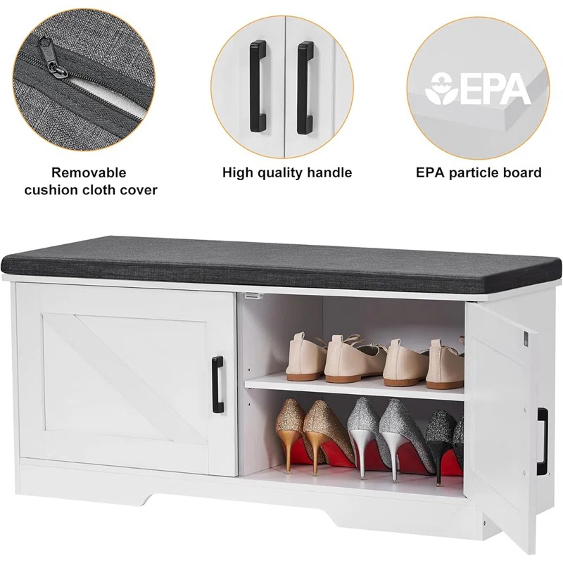 Gracie Oaks Gracie Oaks 2 Tier Shoe Storage Bench With Padded Seat Cushion, Entryway Bench With 2 Barn Doors, White, Adjustable Shelf, 13.8" D X 39.4" W X 17.7" H
