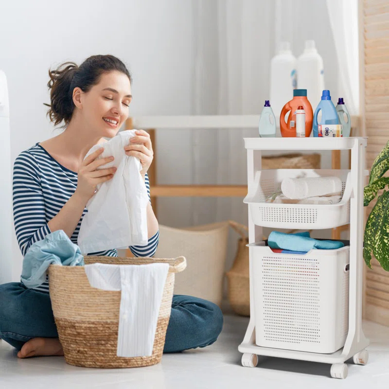 BAOKALER BAOKALER 2-Tier White Portable Rolling Laundry Basket, two Removable Baskets and Wheels