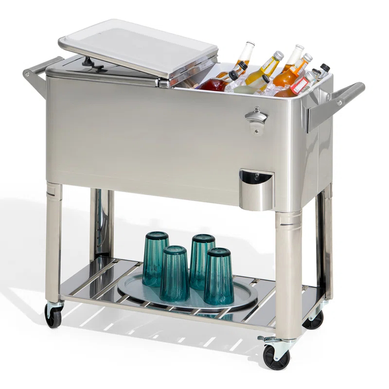 Sunjoy Sunjoy 80 Quart Patio Cooler Cart Stainless Steel Rolling Ice Chest With Steel Bottle Opener, Shelf And Lockable Wheels