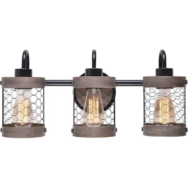 Co-t Kenroy Home Industrial Farmhouse 3-Light Bath Vanity Fixture With Chicken Wire Mesh Shades & Distressed Wood Accents