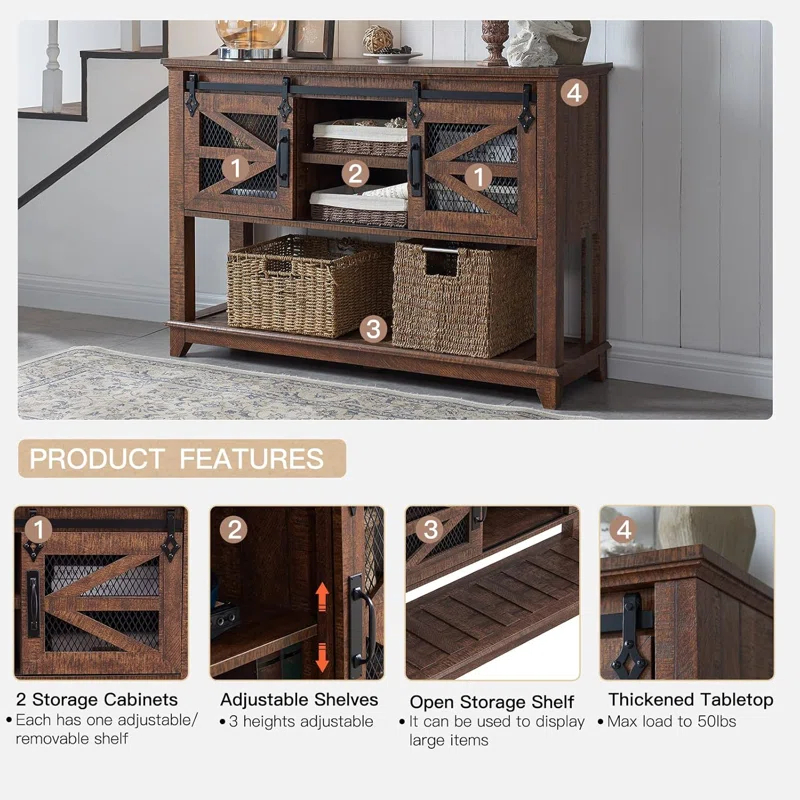 Rosalind Wheeler Entryway Table w/Sliding Barn Doors, 46'' Farmhouse & Industrial Console Table with Storage, Rustic Sofa Table w/Adjustable Shelf & Open Shelf for Entryway, Hallway, Livingroom, Reclaimed Barnwood