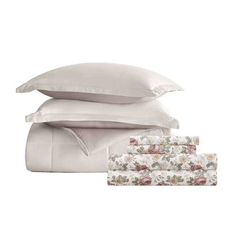 IEnjoy Home 7-Piece Reversible Bedding Bundle - Solid Comforter and Patterned Sheet Set