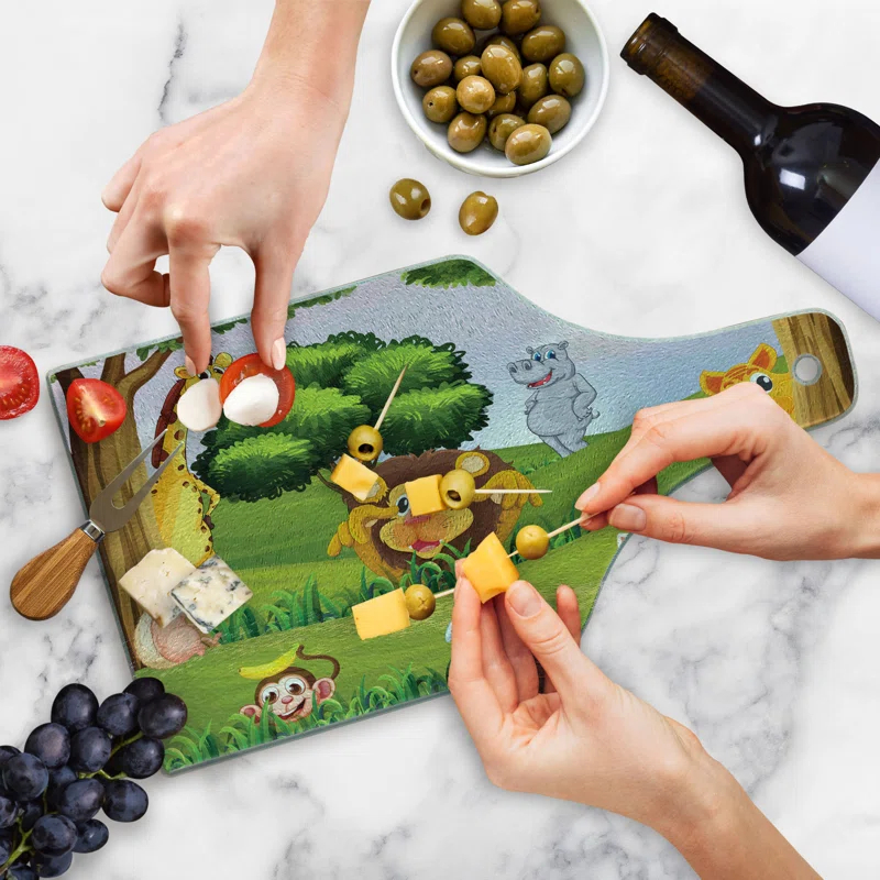Ambesonne Zoo Tempered Glass Cutting Board Animals in Forest Savannah Art Multicolor