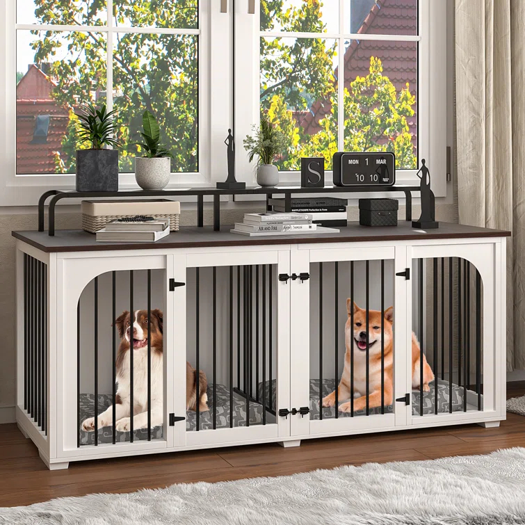 Tucker Murphy Pet™ 74.8" XXL Double Dog Kennel Furniture For Large Breed,Heavy Duty Wooden Dog Crate Cage Furniture Style With Storage Rack And Divider For 2 Dogs Indoor,White & Reviews | Wayfair