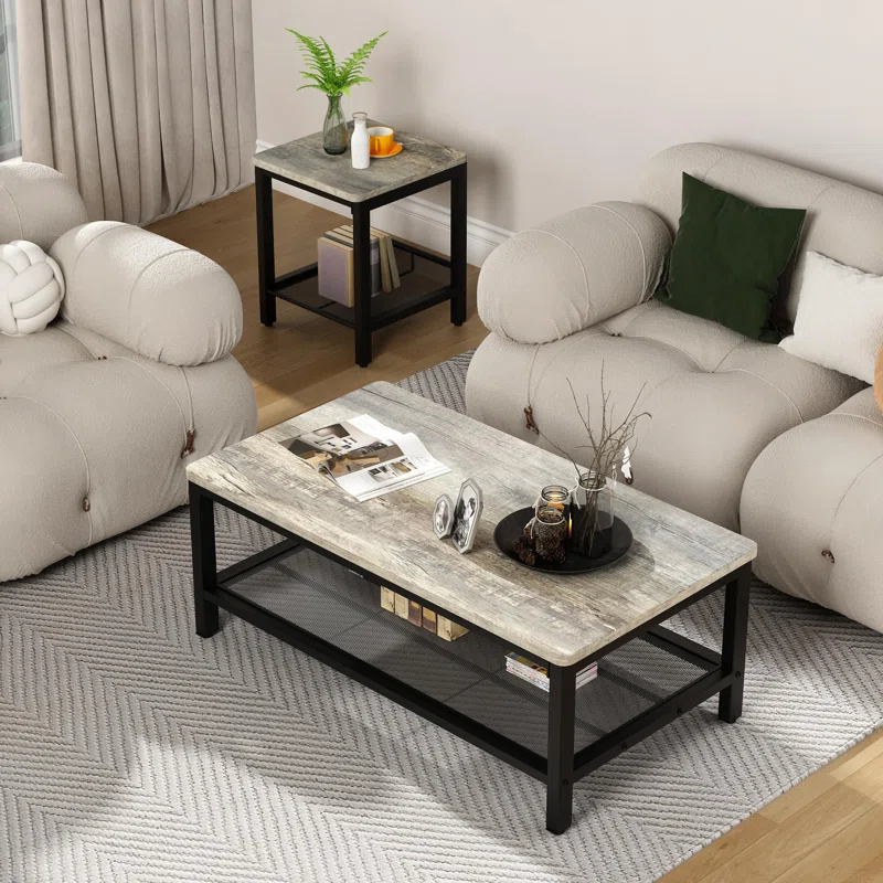 17 Stories Industrial Metal Frame  3 - Piece Living Room Table Set With Two Side Table