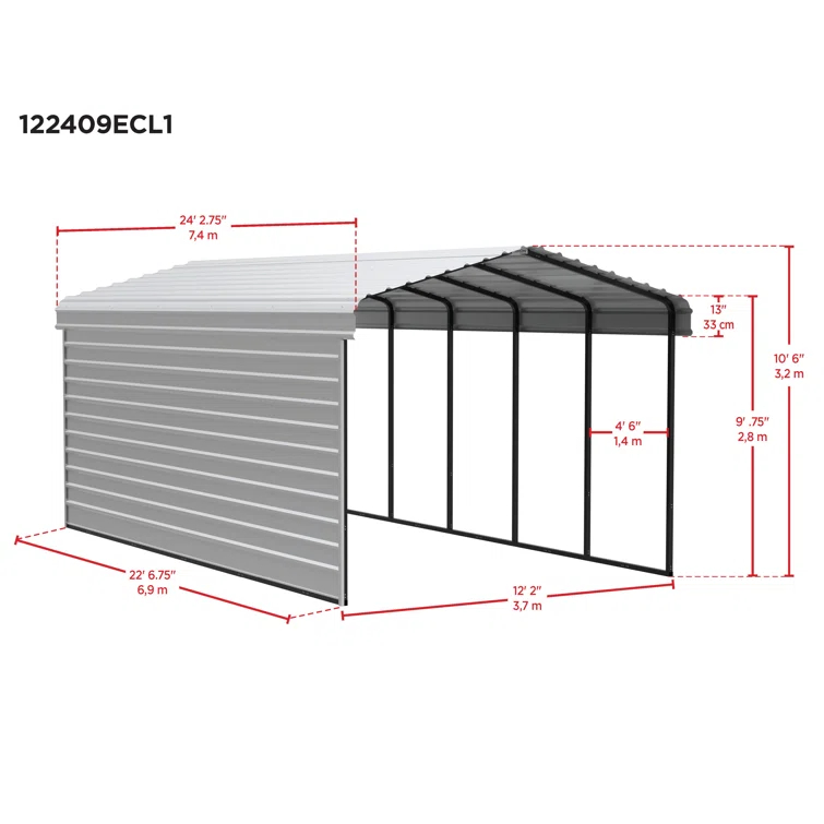 Arrow Arrow Steel Carport with 1 Side Wall Kit, 12x24x09