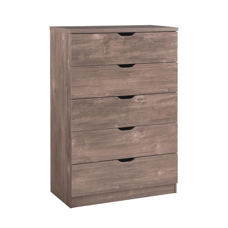 Modern five drawer clothes and storage chest cabinet with cutout handles in Hazelnut color