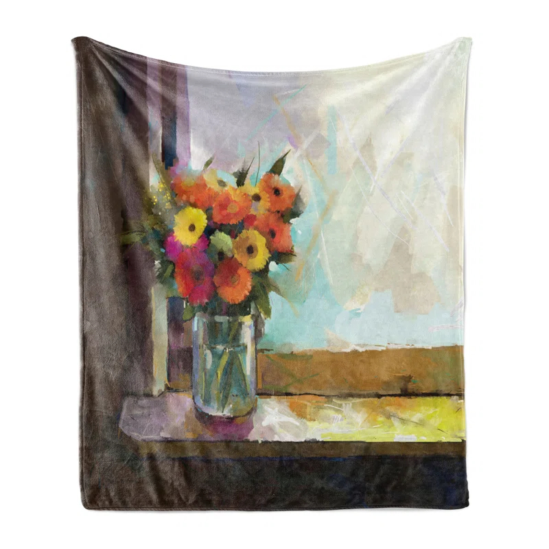 Ambesonne Ambesonne Gerber Daisy Fleece Throw Blanket Bouquet in a Vase Art Multicolor
