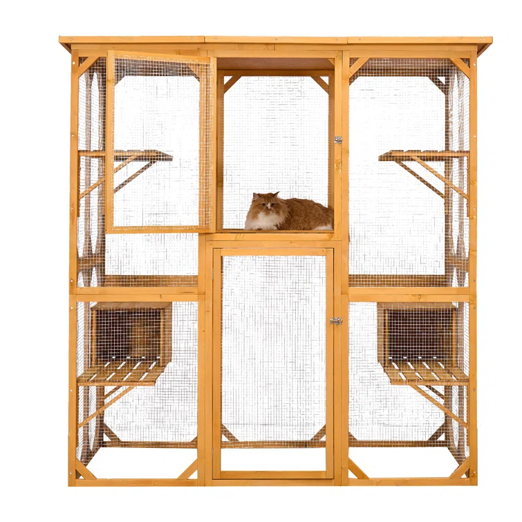 Gracie Oaks Outdoor Cat Enclosure with Roof 72" Height Cat Wooden House Large Cat Catio