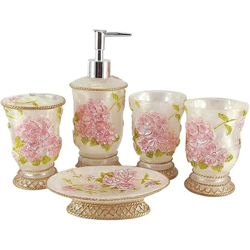 House of Hampton® Vintage Bathroom Accessories, 5Piece Bathroom Accessories Set, Bathroom Set Features, Soap Dispenser, Toothbrush Holder, Tumbler & Soap Dish - Bath Gift Set (Set of 4)