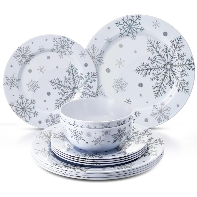 The Holiday Aisle® 12 Pcs Christmas Snowflake Melamine Dinnerware Set Plates And Bowls Set Include  Dinner Plates Plates Soup Bowl,Service For 4 For Christmas Winter Party Supplies