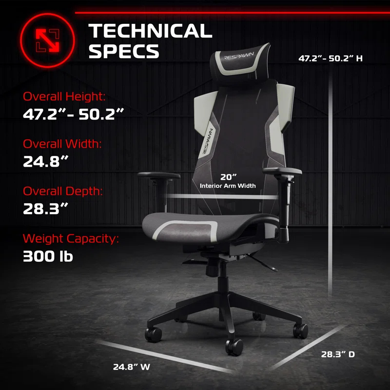 Respawn RESPAWN FLEXX Mesh Gaming Chair With Lumbar Support, Ergonomic Gaming Chair with Recline/Tilt Tension Controls, Adjustable Arms, 300lb Max Weight With Wheels for Computer/Desk/Office