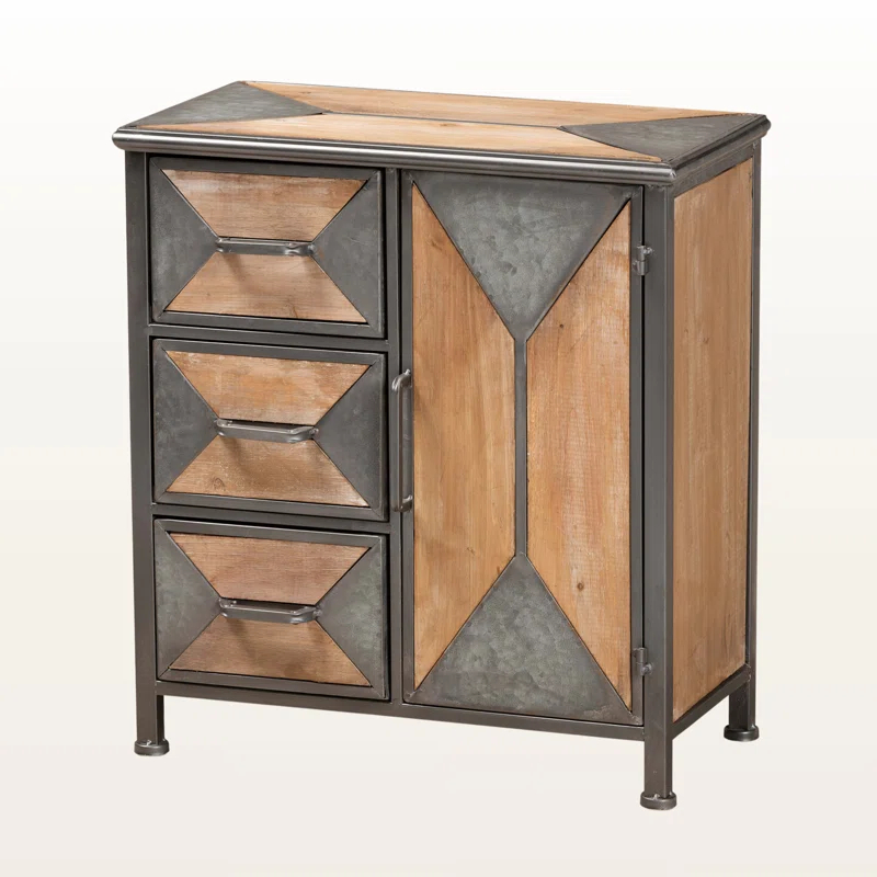 Livi Homes Vortex 3-Drawer Accent Storage Cabinet in Rustic Industrial Antique Grey Finished Metal and Whitewashed Oak Brown Finished Wood