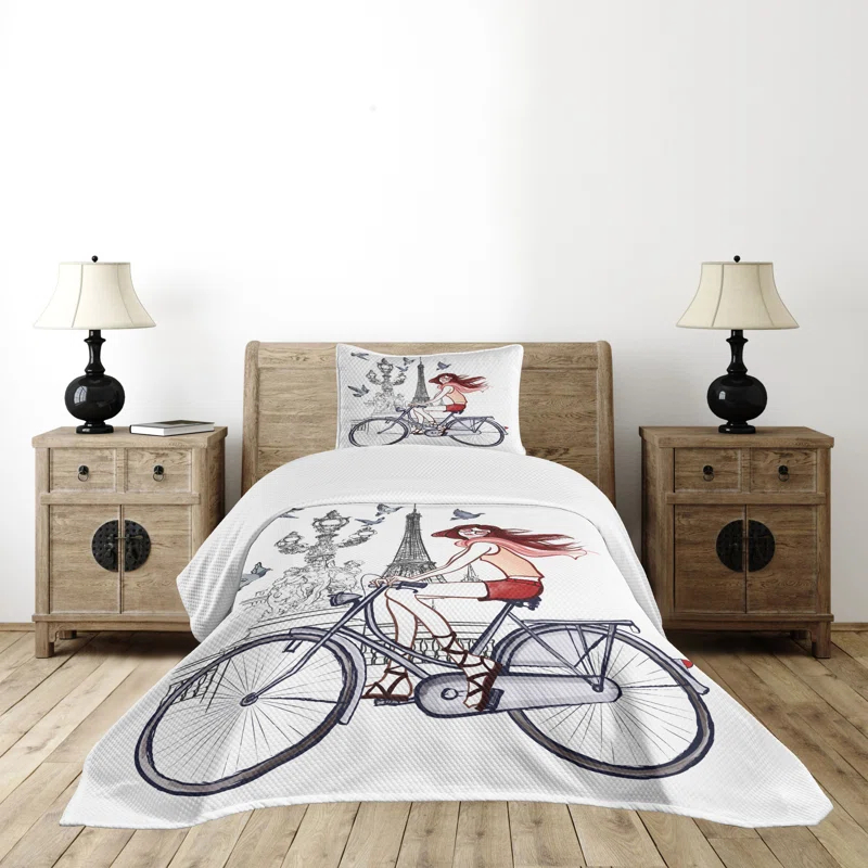 Ambesonne Ambesonne Paris Bedspread Set Woman on Bike Eiffel Grey Red Peach