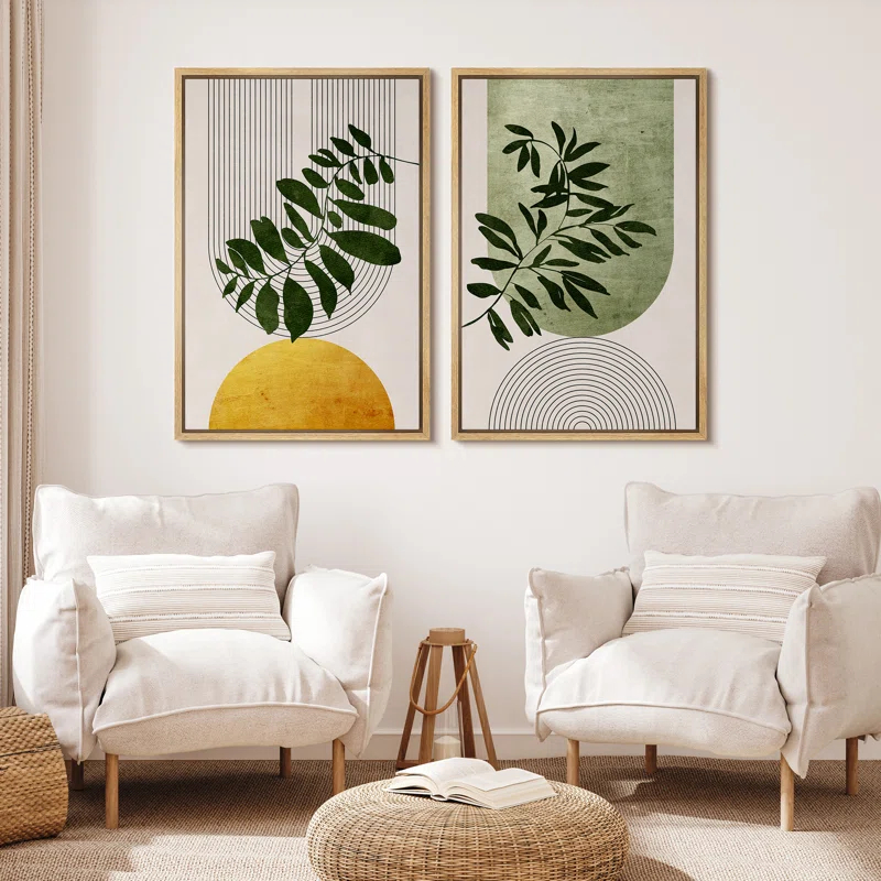 Mid Century Modern Boho Green Yellow Bright Plant Art Framed Canvas 2 Pieces Print  Wall Art Set