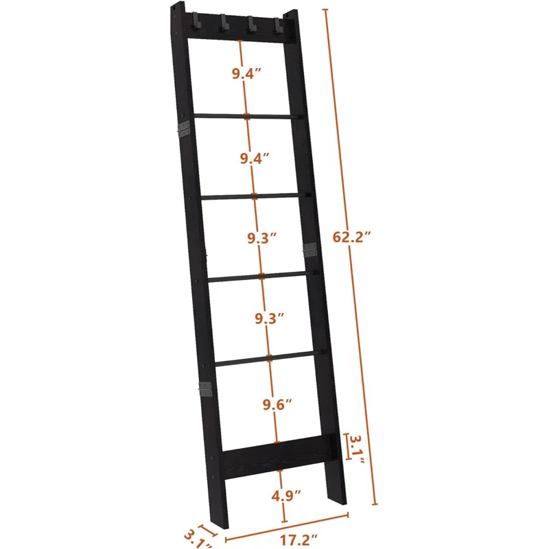 6 Tier Blanket Ladder Shelf For Living Room And Bedroom, Ladder Holder With 4 Metal Hooks, 5.2Ft Blanket Quilt Holder Rack, Farmhouse Ladder Rack For Storage And Home Decor
