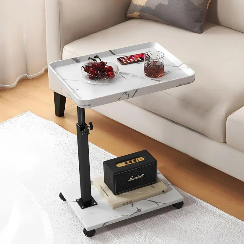 17 Stories C Table End Table Adjustable Height, 360°Swivel TV Tray Table For Small Spaces, C Shaped Side Tables With Wheels, White