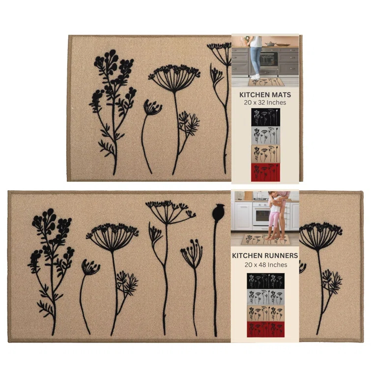 Evideco Wildflowers Non Skid Kitchen Mats Runner & Comfort Mat (2 Pieces) (Set of 2)