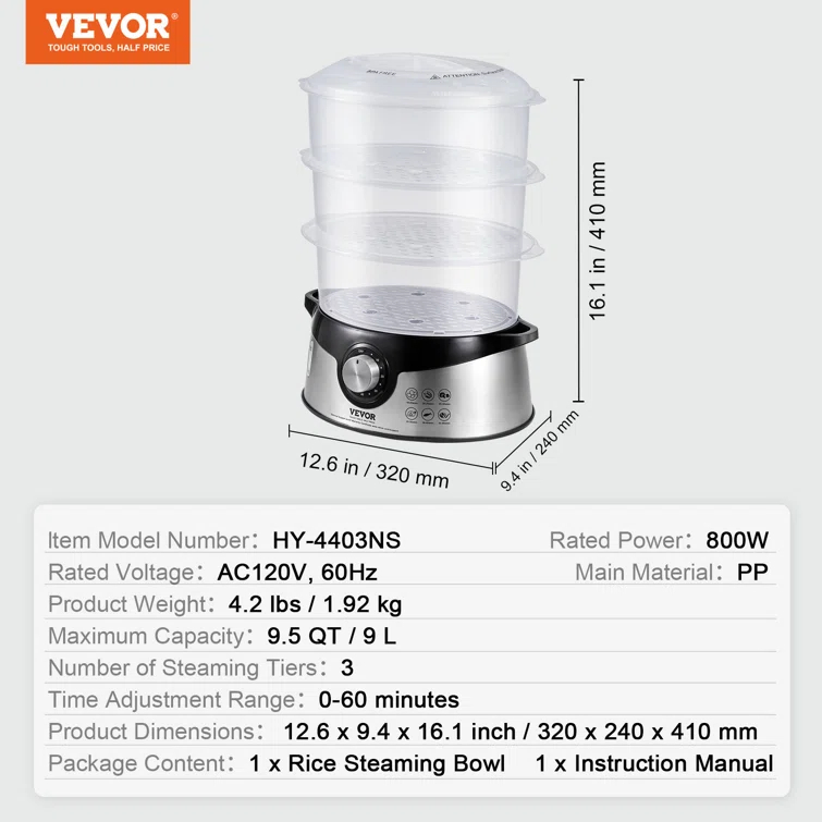 VEVOR VEVOR 9.5Qt Electric Food Steamer 3-Tier Vegetable Steamer & 60 Min Timer 800W
