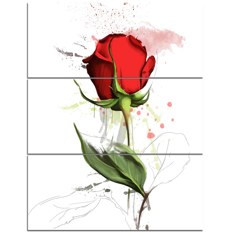 Design Art " Red Rose Hand-drawn Illustration " 3 - Pieces
