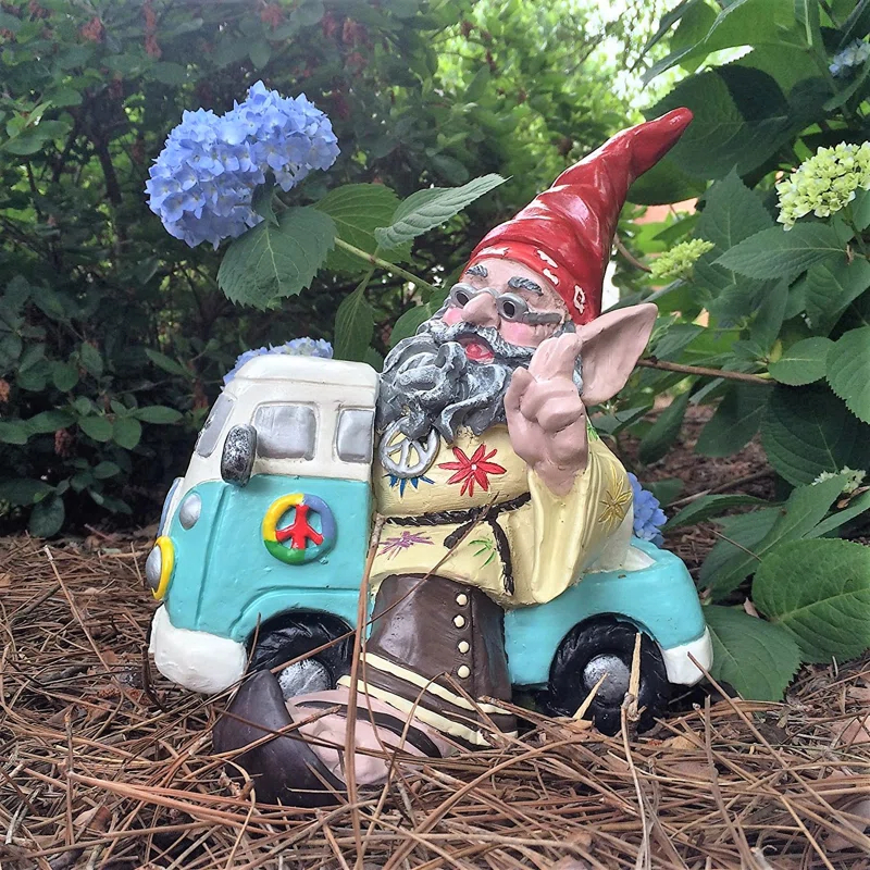HomeStyles Nowaday Gnome Hippie Jerry "Peace Man" on VW Bus Garden Statue