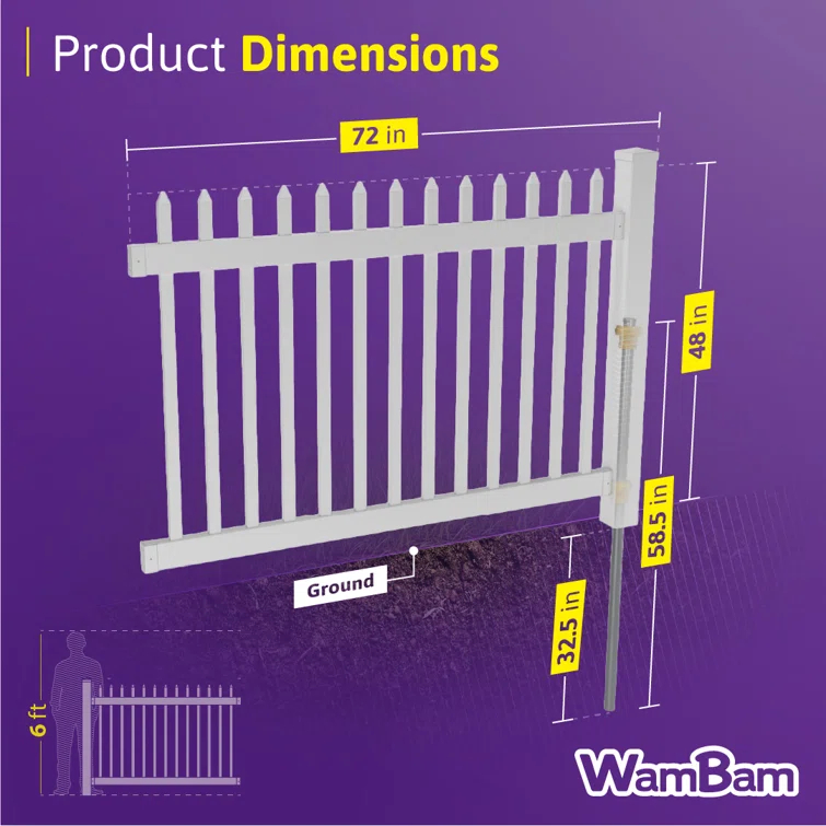 WamBam No-Dig Fence 4ft H x 6ft W (1 Panel + 1 Post) No Dig WamBam Nantucket Fence Kit, White Vinyl Picket Fence Panel, Easy DIY Installation Fence Panel Kit, Durable Outdoor Fence for Yard or Garden, BL19101
