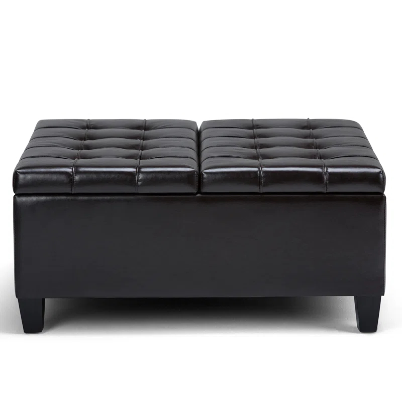 Simpli Home Harrison 36"W Upholstered Square Coffee Table Storage Ottoman with Split Lift Top
