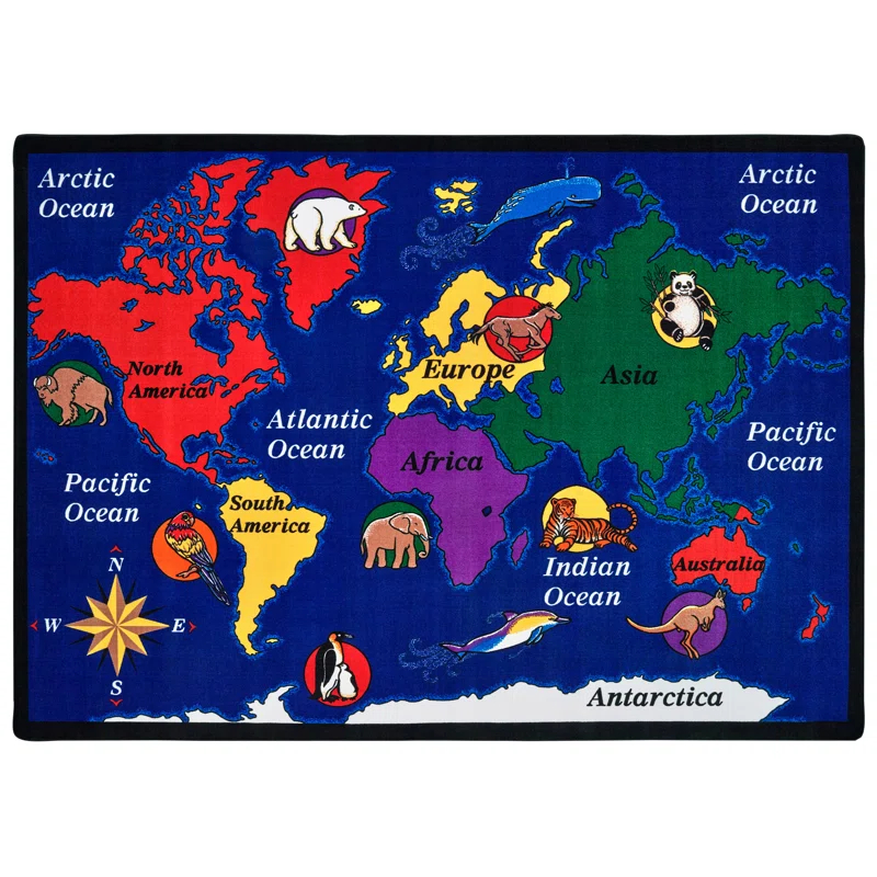 Carpets for Kids World Explorer Geography Map Premium Tufted Blue Area Rug