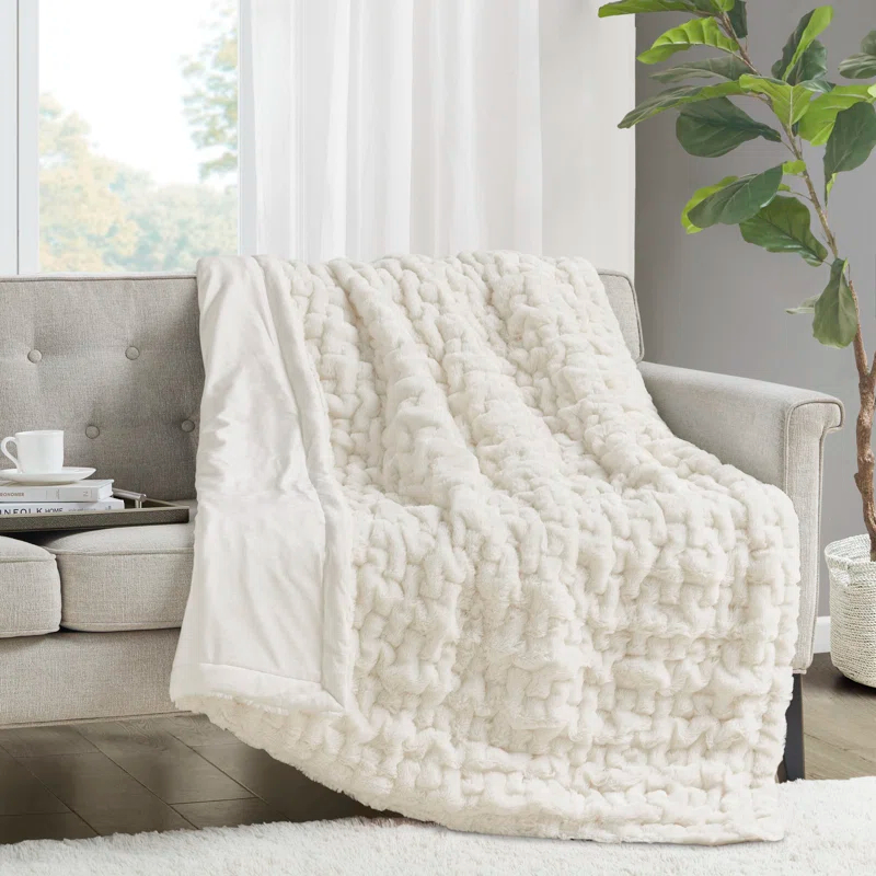 Madison Park Ivory Ruched Fur Throw 50x60"