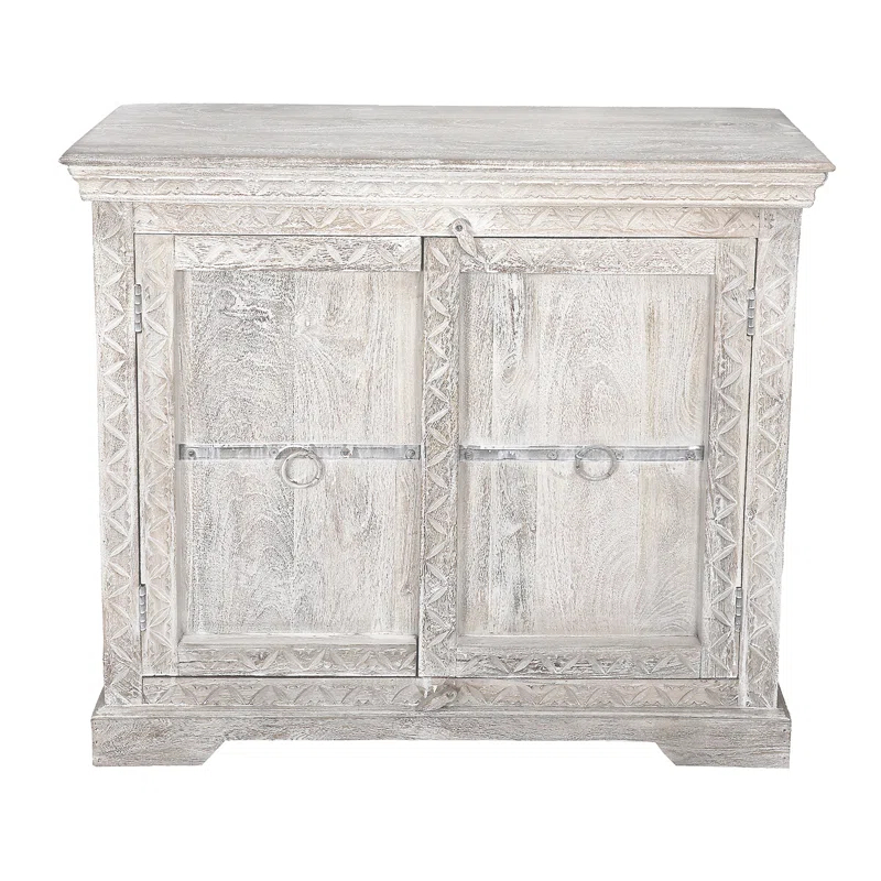 August Grove® White Solid Wood Hand Carved 2 Door Antique Cabinet